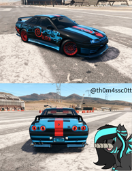 Size: 751x966 | Tagged: safe, artist:noxi1_48, artist:snowy starshine, imported from derpibooru, oc, oc:glitch, bat pony, pony, airfield, car, mountain, mountain range, need for speed, open mouth, pipe, sky