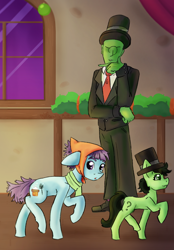 Size: 1008x1448 | Tagged: safe, artist:destiny_manticor, imported from derpibooru, sooty sweeps, oc, oc:anon, oc:filly anon, earth pony, human, pony, background pony, chimney sweep, clothes, commission, eyebrows, female, filly, floppy ears, foal, hand on chin, handkerchief, hat, human male, looking around, looking at someone, male, mare, necktie, question mark, raised eyebrow, shoes, smiling, suit, top hat, trio, walking