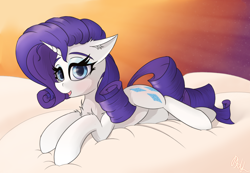 Size: 2128x1472 | Tagged: safe, artist:raritymylove, imported from derpibooru, rarity, pony, chest fluff, cloud, ear fluff, floppy ears, looking at you, lying down, smiling, smiling at you, solo, sunset