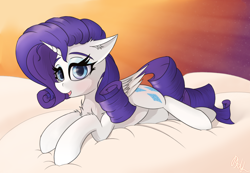 Size: 2128x1472 | Tagged: safe, artist:raritymylove, imported from derpibooru, rarity, alicorn, pony, alicornified, chest fluff, cloud, ear fluff, floppy ears, looking at you, lying down, race swap, raricorn, smiling, smiling at you, solo, sunset