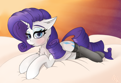 Size: 2128x1472 | Tagged: safe, artist:raritymylove, imported from derpibooru, rarity, pony, bedroom eyes, blushing, chest fluff, clothes, cloud, ear fluff, floppy ears, looking at you, lying down, smiling, smiling at you, socks, solo, sunset, thigh highs