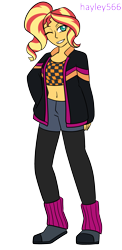 Size: 1332x2740 | Tagged: safe, artist:hayley566, imported from derpibooru, sunset shimmer, equestria girls, 80s, 80s hair, alternate hairstyle, belly, belly button, boots, clothes, commission, female, grin, jacket, leather, leather jacket, leg warmers, midriff, one eye closed, shoes, short shirt, shorts, simple background, smiling, socks, solo, stockings, thigh highs, transparent background, wink