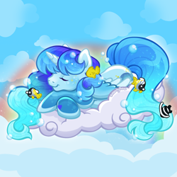 Size: 2400x2400 | Tagged: safe, artist:sparkytopia, imported from derpibooru, oc, oc only, oc:seaglass paradise, alicorn, fish, pony, bangs, blue coat, bubble, cloud, commission, crossed hooves, eyes closed, female, g3, gradient mane, mare, rainbow, signature, sky, sleeping, smiling, solo, ych result