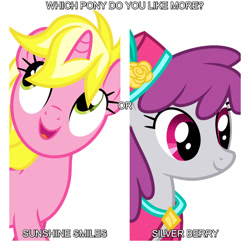 Size: 1080x1080 | Tagged: safe, artist:cloudy glow, edit, editor:jaredking779, imported from derpibooru, pinot noir, shiraz, silver berry, sunshine smiles, earth pony, pony, unicorn, background pony, duo, duo female, female, horn, mare, open mouth, question, simple background, smiling, white background