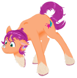 Size: 860x870 | Tagged: safe, artist:squeezymouse, derpibooru exclusive, imported from derpibooru, sunny starscout, butterfly, earth pony, pony, butterfly on nose, colored hooves, fluffy, g5, green eyes, hooves, insect on nose, lineless, male, mane stripe sunny, multicolored hair, multicolored mane, raised hoof, rule 63, simple background, solo, stallion, standing, sun starchaser, transparent background, unshorn fetlocks