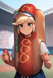 Size: 832x1216 | Tagged: safe, imported from derpibooru, applejack, human, equestria girls, ai content, ai generated, baseball field, clothes, female, food, generator:civitai, generator:pony diffusion v6 xl, generator:stable diffusion, hot dog, hot dog costume, ketchup, meat, mustard, outdoors, prompter:tttesttester123, relish, sauce, sausage, short sleeves, smiling, solo, sports