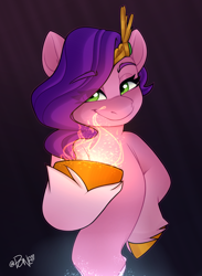 Size: 2200x3000 | Tagged: safe, artist:rivin177, imported from derpibooru, pipp petals, pegasus, pony, crown, fire, g5, gradient background, halfbody, hooves, jewelry, raised hoof, regalia, simple background, smiling, smirk, solo