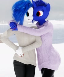 Size: 1707x2048 | Tagged: safe, artist:dashie116, oc, oc only, anthro, 3d, breasts, clothes, duo, duo female, female, snow