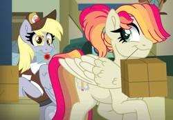 Size: 1280x891 | Tagged: safe, artist:faitheverlasting, imported from derpibooru, derpy hooves, oc, oc:faith everlasting, pegasus, pony, clothes, commission, duo, duo female, envelope, female, hair over one eye, hat, letter, looking at each other, looking at someone, looking back, mailmare, mailmare hat, mailmare uniform, mare, mouth hold, package, ponytail, post office, smiling, smiling at each other, uniform, wax seal, ych example, your character here