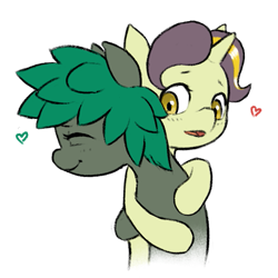 Size: 665x665 | Tagged: safe, artist:multiverseequine, derpibooru exclusive, imported from derpibooru, oc, oc only, oc:golden trim, oc:minus, earth pony, pony, unicorn, best friends, birthday, blushing, colored, colt, duo, earth pony oc, eyes closed, foal, happy, heart, horn, hug, male, multicolored hair, simple background, smiling, transparent background, unicorn oc, upper body