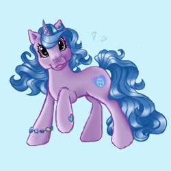 Size: 2048x2048 | Tagged: safe, artist:the-morphiend, imported from derpibooru, izzy moonbow, pony, unicorn, bracelet, digital art, female, friendship bracelet, g3, g5, g5 to g3, generation leap, heart, heart mark, horn, jewelry, light blue background, looking at you, mare, open mouth, open smile, raised hoof, simple background, smiling, solo, tail