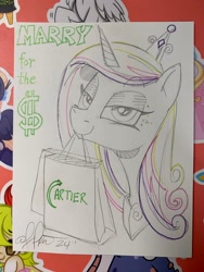 Size: 1536x2048 | Tagged: safe, artist:andy price, imported from derpibooru, princess cadance, alicorn, pony, bag, female, mare, shopping bag, solo, traditional art