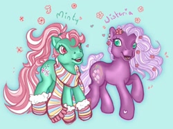 Size: 2048x1535 | Tagged: safe, artist:the-morphiend, imported from derpibooru, minty, wysteria, earth pony, pony, clothes, duo, duo female, female, flower, flower in hair, g3, heart, heart mark, mare, open mouth, open smile, ponytail, raised hoof, scarf, signature, smiling, socks, striped scarf, striped socks, tail