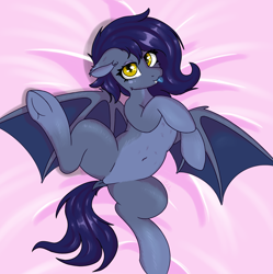 Size: 2590x2600 | Tagged: safe, artist:marbatra, imported from derpibooru, oc, oc only, bat pony, bed, belly, belly button, chest fluff, dock, ear fluff, fangs, female, frog (hoof), looking at you, mare, on bed, spread legs, spreading, tail, tongue out, underhoof, wings