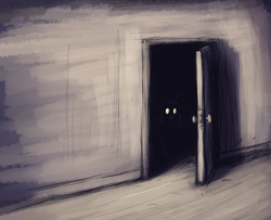 Size: 2550x2070 | Tagged: safe, artist:t72b, imported from derpibooru, pony, dark, door, doorway, female, glowing, glowing eyes, indoors, limited palette, mare, shadow