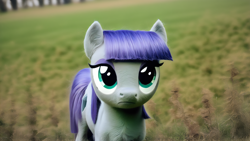 Size: 5120x2880 | Tagged: safe, editor:felisamafeles, imported from derpibooru, maud pie, earth pony, pony, ai content, ai generated, chest fluff, cute, ear fluff, field, fluffy, fur, generator:pony diffusion v6 xl, generator:purplesmart.ai, generator:stable diffusion, irl, looking at you, marsh, maudabetes, photo, realistic, solo, stare