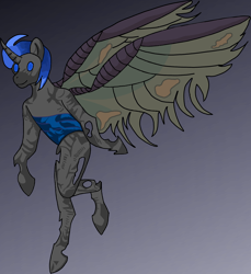 Size: 1898x2068 | Tagged: safe, artist:tiska, imported from derpibooru, oc, oc only, oc:gestmis, changeling, pony, semi-anthro, blue mane, gradient background, grey body, large wings, solo, wings