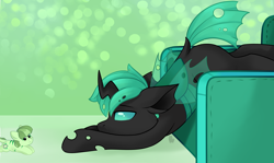 Size: 5000x2988 | Tagged: safe, artist:alphadesu, imported from twibooru, oc, oc only, oc:mint chisel, oc:speculo, changeling, pony, commission, couch, dock, green changeling, horn, image, lidded eyes, looking at each other, macro/micro, male, micro, oc x oc, png, profile, shipping, short tail, spechisel, tail, your character here