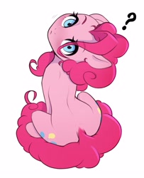 Size: 3304x4072 | Tagged: safe, artist:captainpudgemuffin, imported from derpibooru, pinkie pie, earth pony, pony, cute, diapinkes, eyebrows, eyebrows visible through hair, female, head tilt, looking at you, looking back, looking back at you, mare, question mark, simple background, sitting, sitting on tail, solo, tail, white background