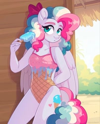 Size: 1658x2048 | Tagged: safe, artist:skysorbett, imported from derpibooru, oc, oc:sky sorbet, anthro, pegasus, anthro oc, clothes, female, food, food swimsuit, ice cream, outdoors, pegasus oc, solo, summer, swimsuit, wings