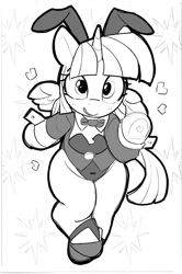 Size: 1809x2728 | Tagged: safe, artist:pabbley, imported from derpibooru, twilight sparkle, alicorn, pony, black and white, bowtie, bunny suit, clothes, female, grayscale, hoof heart, looking at you, mare, monochrome, necktie, simple background, smiling, smiling at you, solo, twilight sparkle (alicorn), underhoof, white background, wide hips