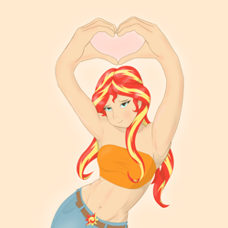 Size: 4096x4096 | Tagged: safe, alternate version, artist:applelord, imported from derpibooru, sunset shimmer, human, equestria girls, heart hands, humanized, midriff, simple background