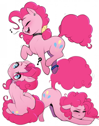 Size: 1698x2170 | Tagged: safe, artist:captainpudgemuffin, imported from derpibooru, pinkie pie, earth pony, pony, bracelet, chest fluff, choker, dock, doodle, ear piercing, eyelashes, eyes closed, female, floppy ears, hair over one eye, hair tie, jewelry, looking at you, mare, music notes, open mouth, piercing, question mark, raised tail, simple background, singing, sitting, sitting on tail, solo, stretching, tail, walking, white background