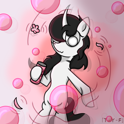 Size: 750x750 | Tagged: safe, artist:taoyvfei, imported from derpibooru, oc, oc:taoyvfei, pony, unicorn, blood, bottle, bubble, curved horn, flower, horn, soda bottle, stimulate, unicorn oc, water