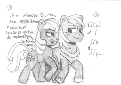 Size: 1681x1184 | Tagged: safe, artist:rosa ushiromiya, imported from derpibooru, big macintosh, cheerilee, earth pony, pony, cheerimac, female, implied apple bloom, male, mare, monochrome, shipping, spanish, stallion, straight, traditional art, walking