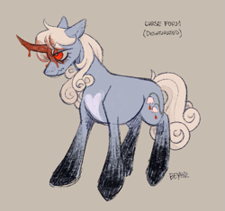 Size: 1101x1037 | Tagged: safe, artist:beyhr, imported from derpibooru, oc, oc only, oc:holy steel, pony, unicorn, alternate eye color, alternate form, blonde mane, blonde tail, blood, blood on face, blood on horn, brown background, colored eyebrows, curly mane, curly tail, curse, curved horn, eyebrows, eyebrows visible through hair, eyelashes, frown, gray coat, horn, lidded eyes, long horn, narrowed eyes, nonbinary, nonbinary oc, profile, red eyes, simple background, solo, standing, tail, text, unicorn oc, white pupils