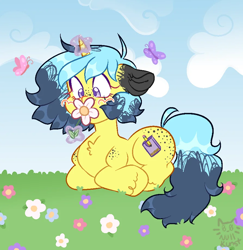 Size: 894x919 | Tagged: safe, artist:nullkunst, imported from derpibooru, oc, oc only, oc:sharpened pencil, butterfly, pony, unicorn, ambiguous gender, blushing, butt freckles, cloud, cute, floppy ears, flower, freckles, grass, horn, magic, outdoors, ponysona, sniffing, unicorn oc, unshorn fetlocks