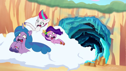 Size: 1920x1080 | Tagged: safe, imported from derpibooru, screencap, izzy moonbow, pipp petals, zipp storm, pegasus, pony, unicorn, spoiler:g5, spoiler:my little pony: tell your tale, spoiler:tyts02e20, beach, cave, female, g5, horn, ice, mare, my little pony: tell your tale, ooh a new friend, snow