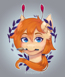 Size: 1400x1650 | Tagged: safe, artist:moewwur, artist:rin-mandarin, imported from derpibooru, oc, oc only, oc:svatya, pony, antennae, blue eyes, brush, bust, ginger, icon, laurel wreath, looking at you, male, portrait, scar, smiling, smiling at you, solo, tail, tendrils