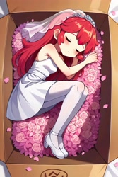 Size: 3072x4608 | Tagged: safe, imported from twibooru, apple bloom, equestria girls, ai content, ai generated, box, bride, child, clothes, female, flower, human coloration, image, needs more jpeg, prompter:drpeeper d fresa, sleeping, socks, thigh highs, white dress, white shoes