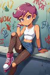 Size: 1536x2304 | Tagged: safe, imported from twibooru, scootaloo, equestria girls, ai content, ai generated, child, clothes, denim shorts, female, fishnets, image, looking at you, png, prompter:drpeeper d fresa, roller skates, shorts, sitting, skirt, tanktop, torn clothes, upskirt