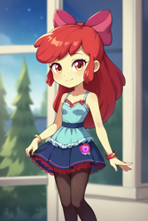 Size: 1536x2304 | Tagged: safe, imported from twibooru, apple bloom, equestria girls, ai content, ai generated, apple bloom's bow, bow, child, clothes, cutie mark, cutie mark on clothes, dress, female, hair bow, image, png, prompter:drpeeper d fresa, skirt