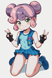 Size: 1536x2304 | Tagged: safe, imported from twibooru, sweetie belle, equestria girls, ai content, ai generated, child, clothes, cutie mark, cutie mark on clothes, female, gloves, hair bun, image, panties, peace sign, png, powerpuff girls z, prompter:drpeeper d fresa, reference, rolling bubbles, shoes, short shirt, tight clothing, underwear