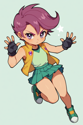 Size: 1536x2304 | Tagged: safe, imported from twibooru, scootaloo, equestria girls, ai content, ai generated, child, clothes, cutie mark, cutie mark on clothes, female, gloves, hair bun, image, panties, png, powered buttercup, powerpuff girls z, prompter:drpeeper d fresa, reference, shoes, short shirt, sleeveless, sleeveless sweater, sweater, underwear