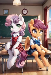 Size: 800x1169 | Tagged: safe, imported from derpibooru, scootaloo, sweetie belle, pegasus, pony, semi-anthro, unicorn, ai content, ai generated, chalkboard, classroom, clothes, duo, duo female, female, filly, foal, generator:pony diffusion v6 xl, generator:stable diffusion, horn, mare, prompter:gregorymars, school, school uniform, sitting, skirt, table, window