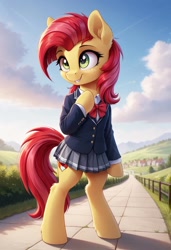 Size: 800x1169 | Tagged: safe, imported from derpibooru, babs seed, earth pony, pony, semi-anthro, ai content, ai generated, clothes, female, filly, foal, generator:pony diffusion v6 xl, generator:stable diffusion, mare, prompter:gregorymars, school uniform, skirt, solo