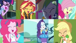 Size: 1067x600 | Tagged: safe, imported from derpibooru, screencap, applejack, fluttershy, pinkie pie, rainbow dash, rarity, sci-twi, sunset shimmer, twilight sparkle, human, equestria girls, collage, female, humane five, humane seven, humane six, laughing