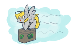 Size: 1598x1036 | Tagged: safe, artist:zutcha, imported from derpibooru, derpy hooves, pegasus, pony, carrying, crate, cute, derpabetes, eye clipping through hair, female, flying, mare, open mouth, open smile, simple background, smiling, solo, spread wings, white background, wings