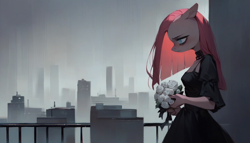 Size: 1344x768 | Tagged: safe, imported from derpibooru, pinkie pie, anthro, ai content, ai generated, alone, city, cityscape, flower, generator:pony diffusion v6 xl, generator:stable diffusion, goth, pinkamena diane pie, prompt in description, prompter:kopaleo, rose, sad, solo