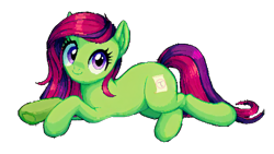 Size: 3840x2160 | Tagged: safe, artist:felisamafeles, editor:felisamafeles, imported from derpibooru, oc, oc only, oc:felis amafeles catus, earth pony, pony, ai assisted, ai content, ai generated, cute, digital art, earth pony oc, generator:pony diffusion v6 xl, generator:purplesmart.ai, generator:stable diffusion, green fur, looking at you, pixel art, purple eyes, red mane, simple background, smiling, smiling at you, solo, transparent background