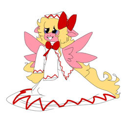 Size: 702x681 | Tagged: safe, artist:immanuel, imported from derpibooru, pegasus, pony, bow, bowtie, clothes, description is relevant, dress, female, floppy ears, grin, hat, lily white, long sleeves, mare, necktie, ponified, simple background, smiling, solo, touhou, white background