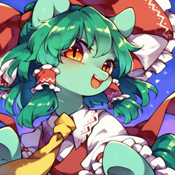 Size: 1024x1024 | Tagged: safe, imported from derpibooru, pony, ai content, ai generated, explicit source, female, green fur, hakurei reimu, mare, miko, ponified, prompter:imperishable neet, touhou