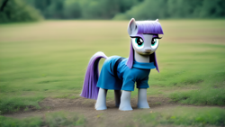 Size: 5120x2880 | Tagged: safe, editor:felisamafeles, imported from derpibooru, maud pie, earth pony, pony, ai content, ai generated, cute, field, generator:pony diffusion v6 xl, generator:purplesmart.ai, generator:stable diffusion, irl, looking at you, marsh, maudabetes, photo, realistic, realistic mane, solo, stare