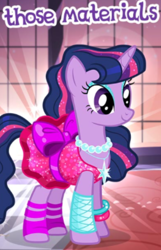 Size: 348x542 | Tagged: safe, imported from derpibooru, twilight sparkle, alicorn, pony, 80s, cropped, english, gameloft, material girl, meme, my little pony: magic princess, pop princess twilight, retro twilight sparkle, solo, text, twilight sparkle (alicorn), wow! glimmer