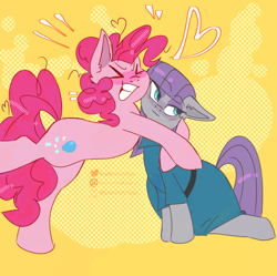 Size: 3113x3099 | Tagged: safe, artist:spoonfulofsuga, imported from derpibooru, maud pie, pinkie pie, earth pony, pony, blushing, clothes, duo, duo female, eyes closed, female, floating heart, floppy ears, frock coat, grin, heart, hug, incest, lesbian, mare, piecest, pinkiemaud, shipping, siblings, sisters, smiling, standing, standing on one leg, tail