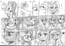 Size: 1705x1204 | Tagged: safe, artist:rosa ushiromiya, imported from derpibooru, starlight glimmer, trixie, pony, unicorn, blushing, bottle, comic, duo, duo female, female, horn, kissing, lesbian, mare, monochrome, shipping, sitting, startrix, traditional art